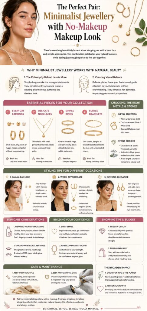 infograph of blog topic- The Perfect Pair: Minimalist Jewellery with No- Makeup Makeup Look