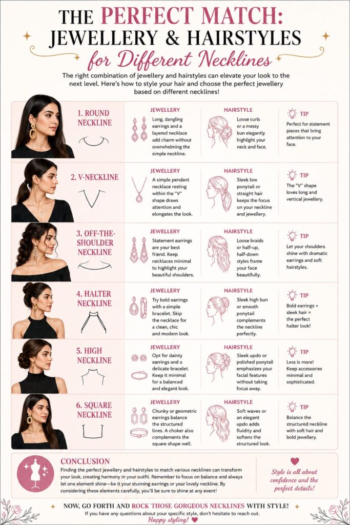 a infograph of blog topic - hairstyle and jewelery according to different types of necklines