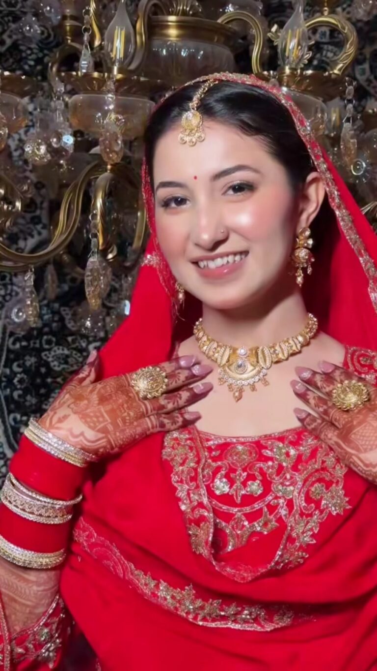 a punjabi women in red bridal dress had worn jewellery and makeup ,smiling and looking at the camera beautifully